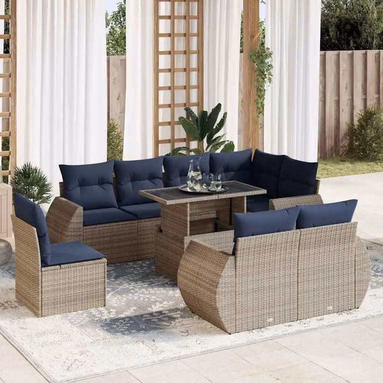 Set Divano da Giardino vidaXL 9 Pezzi a Forma di U in Polyrattan con Cuscini e Tavolino da Caffè Grigio e Blu