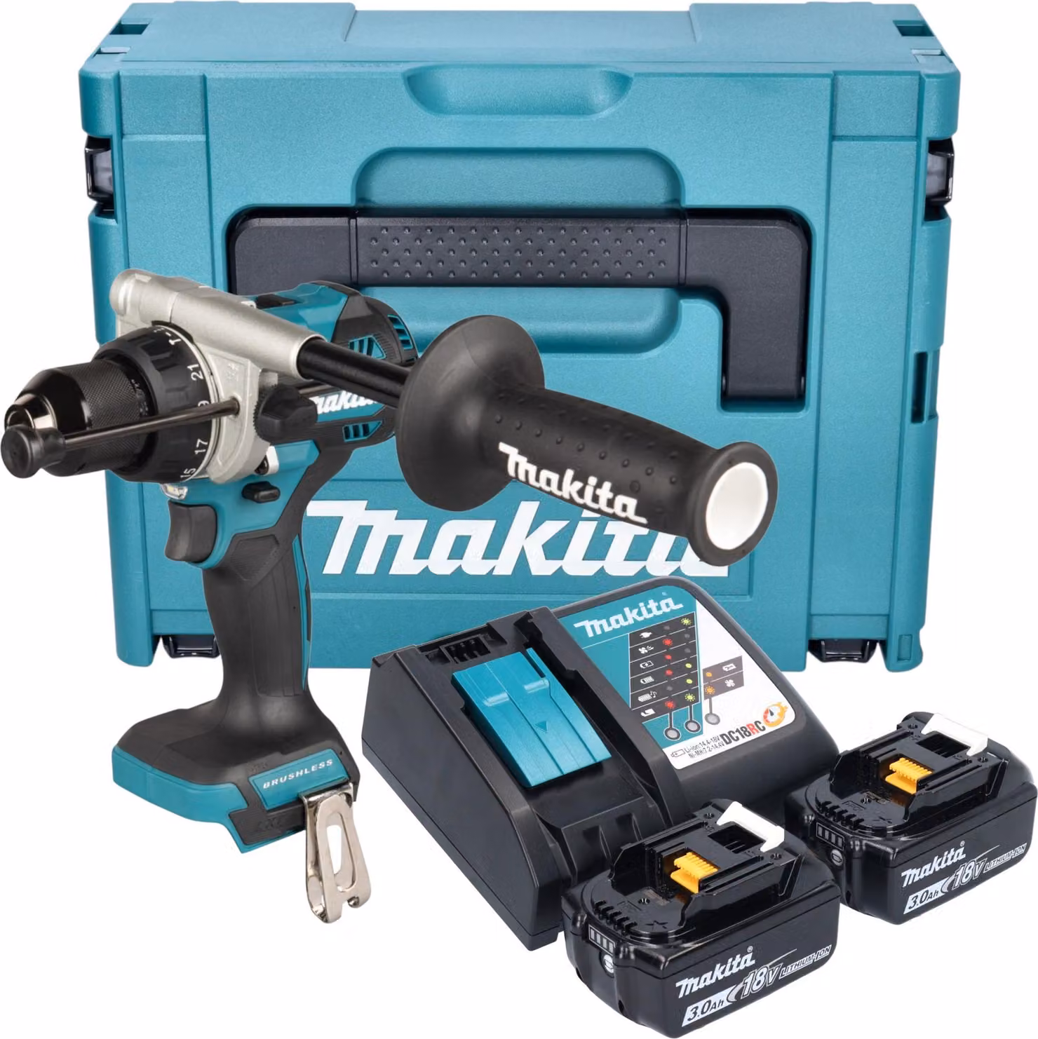 Makita DHP 492 RFJ Avvitatore a percussione a batteria 18 V 141 Nm Brushless + 2x batteria 3,0 Ah + caricabatteria + Makpac