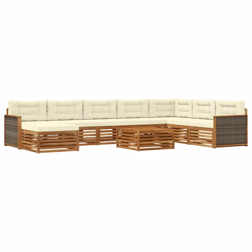 Set di divani da esterno a L vidaXL in legno di acacia con tavolino e pouf, colore marrone e beige – 2