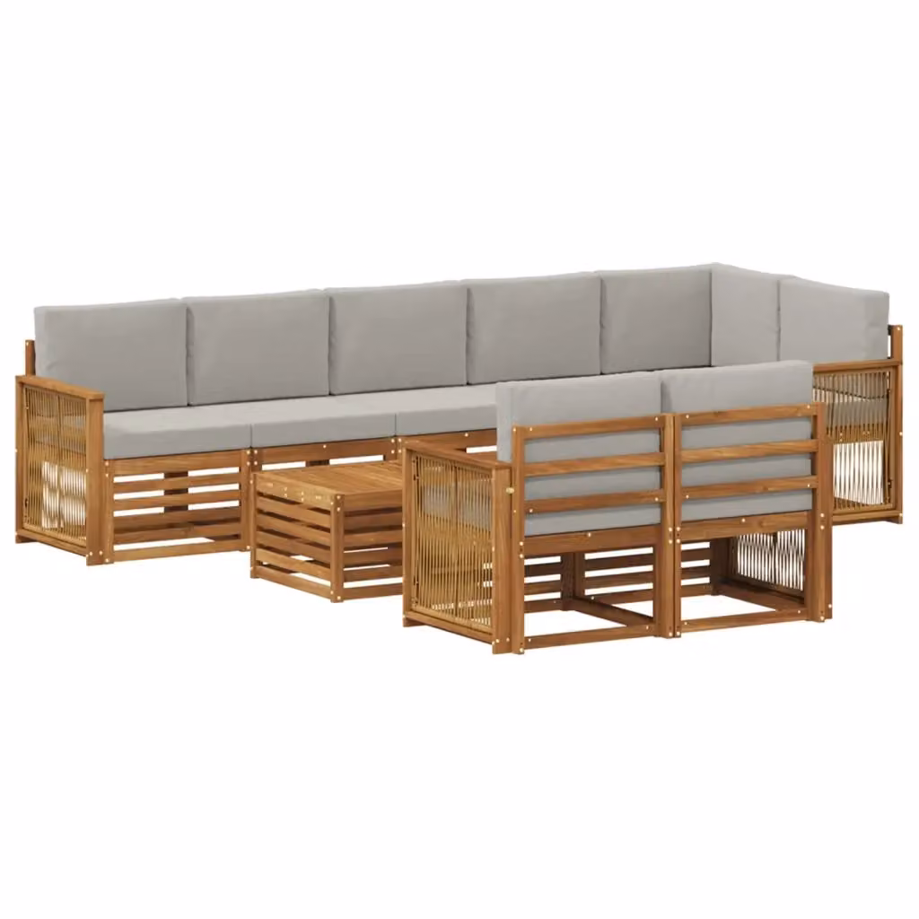 Set di divani da esterno a L con tavolino vidaXL in legno di acacia marrone e grigio chiaro, composto da 8 pezzi con cuscini inclusi – 2