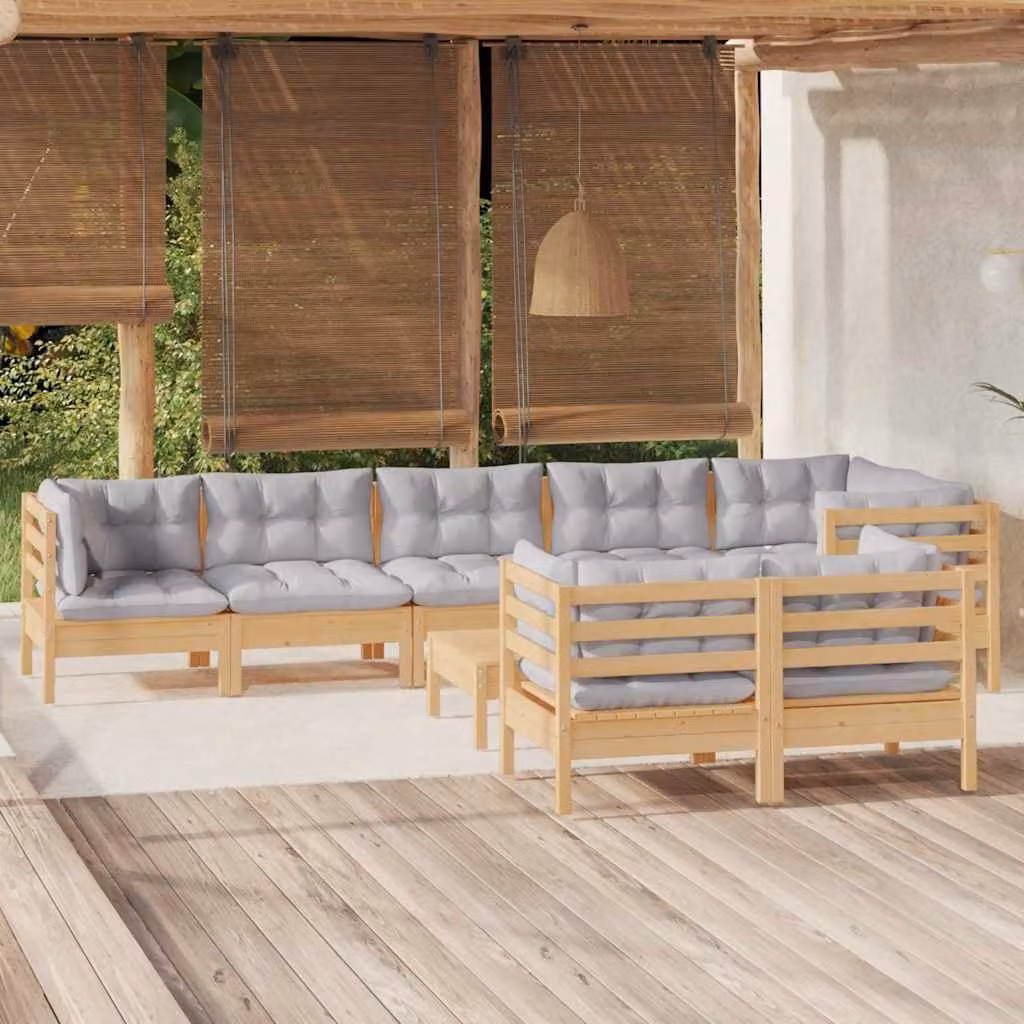 vidaXL Set Divani da Giardino Moderno a Forma di U in Legno di Pino con Cuscini Grigi 9 pz