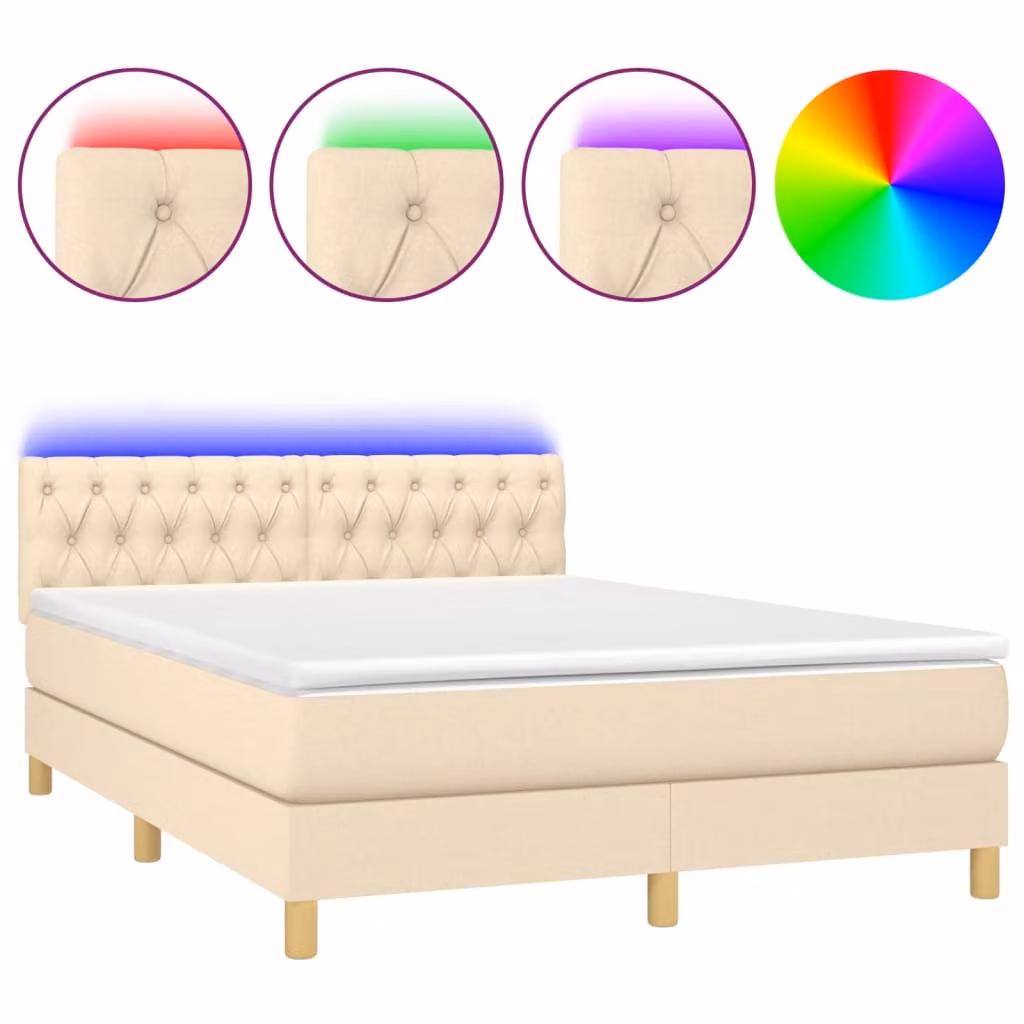 Letto a Molle con Materasso e LED Crema 140x190 cm in Tessuto