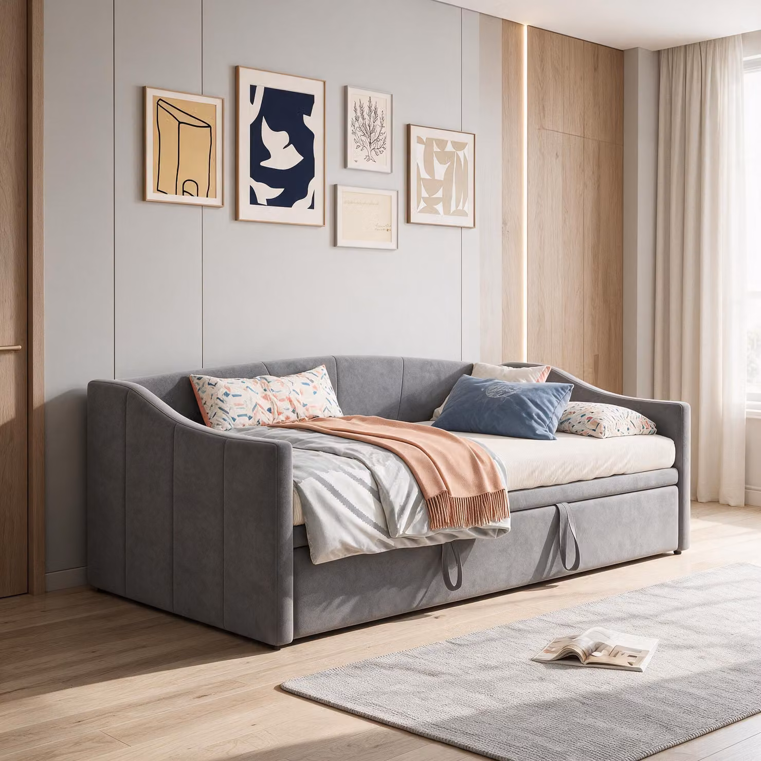 Divano letto INONEFT 90/180x200 cm, divano letto da giorno trasformabile in letto matrimoniale, con rete a doghe e schienale, tessuto in velluto, colore grigio