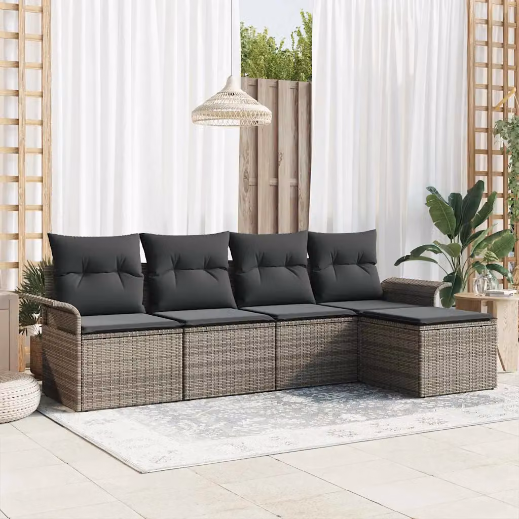 Set da esterno vidaXL composto da 5 pezzi in polyrattan grigio con cuscini e pouf coordinato – 1