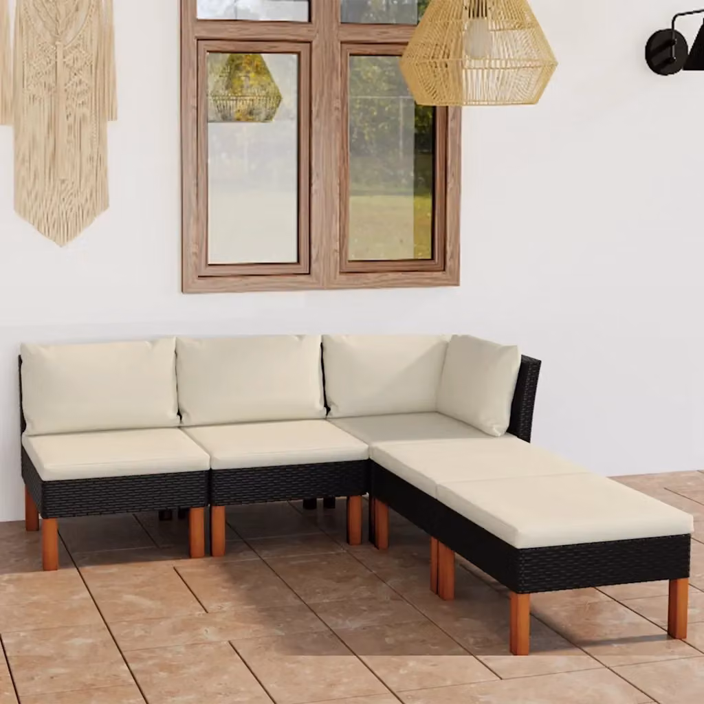 Set Salotto da Giardino Moderno a L con 5 Pezzi in Polyrattan Nero e Cuscini Bianchi con Struttura in Acciaio Verniciato a Polvere – 2