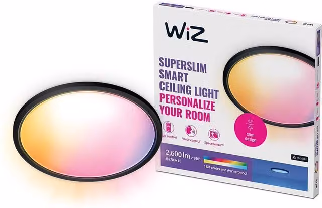 Plafoniera WiZ SuperSlim Round nera con tecnologia LED, Ø 42.3 cm, attacco E27, IP20, smart con Wi-Fi e compatibile con Alexa, Google Assistant e Apple HomeKit
