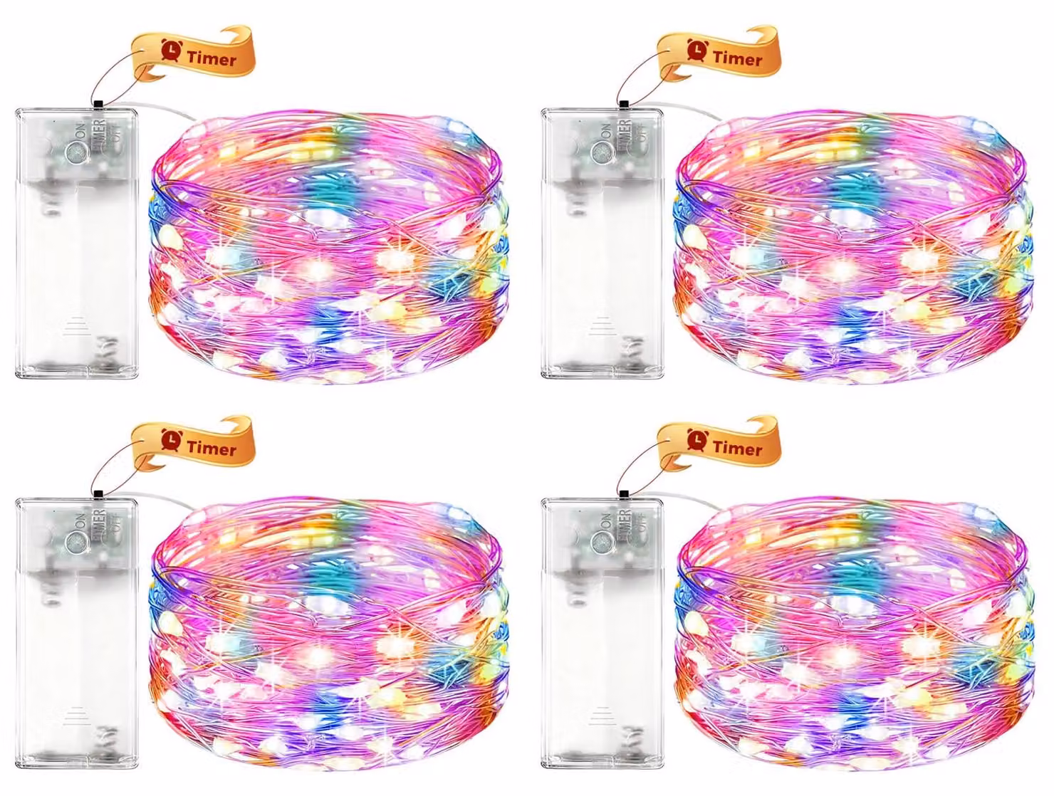 Set di 4 catene luminose a LED, lunghezza 2 metri, 20 LED, multicolore, con timer, alimentate a batteria