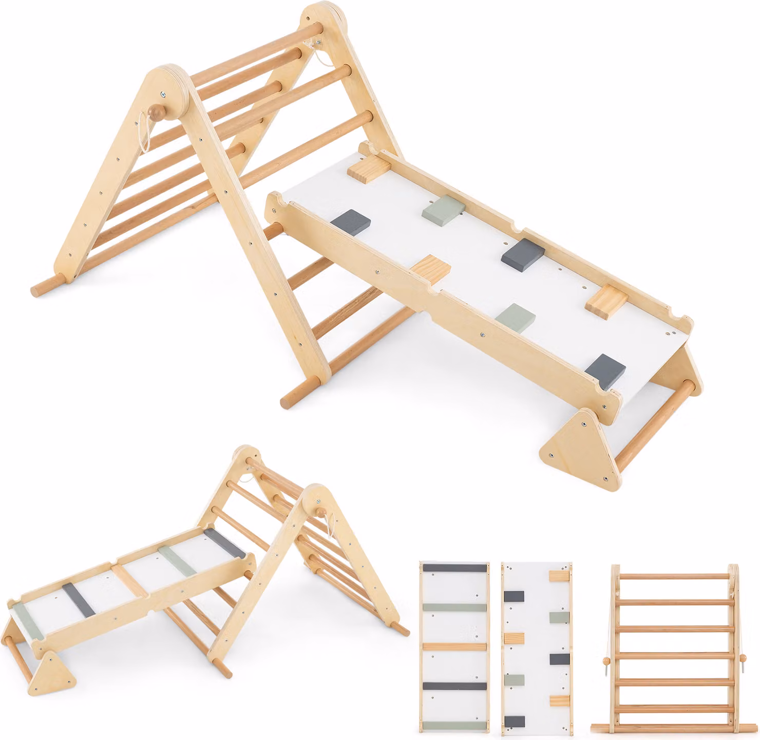 COSTWAY Struttura da arrampicata pieghevole, triangolo da arrampicata 3 in 1, scala da arrampicata e altalena, parco giochi in legno con rampa interna bifacciale per bambini dai 3 anni in su
