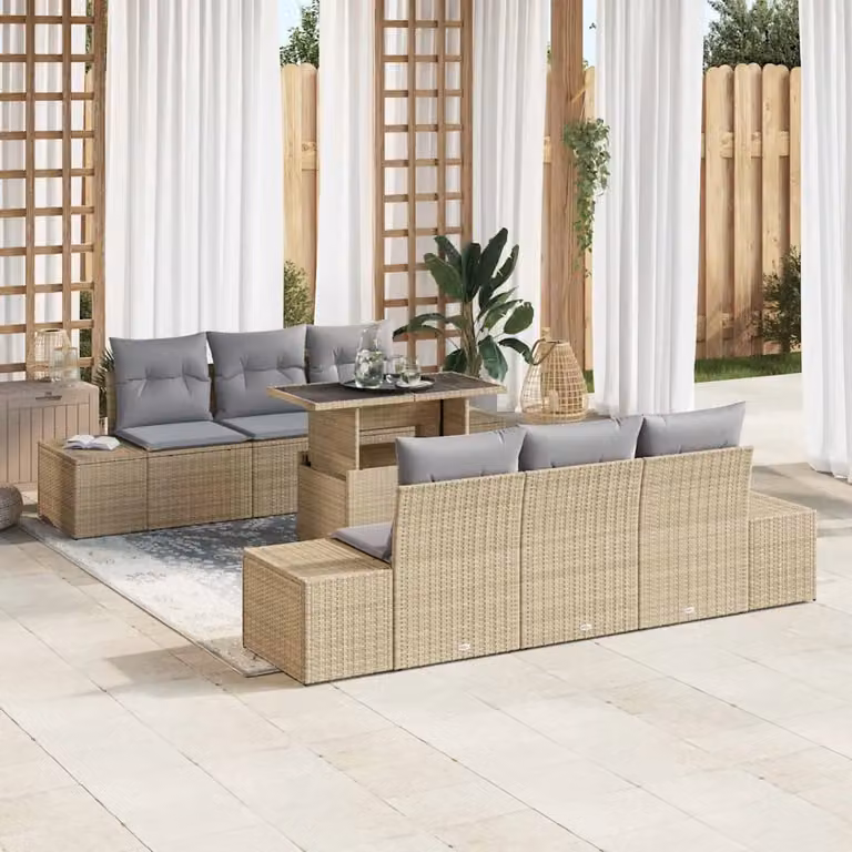 Set Divano da Giardino vidaXL 7 Pezzi con Cuscini Beige e Grigio con Tavolino e Struttura in Acciaio