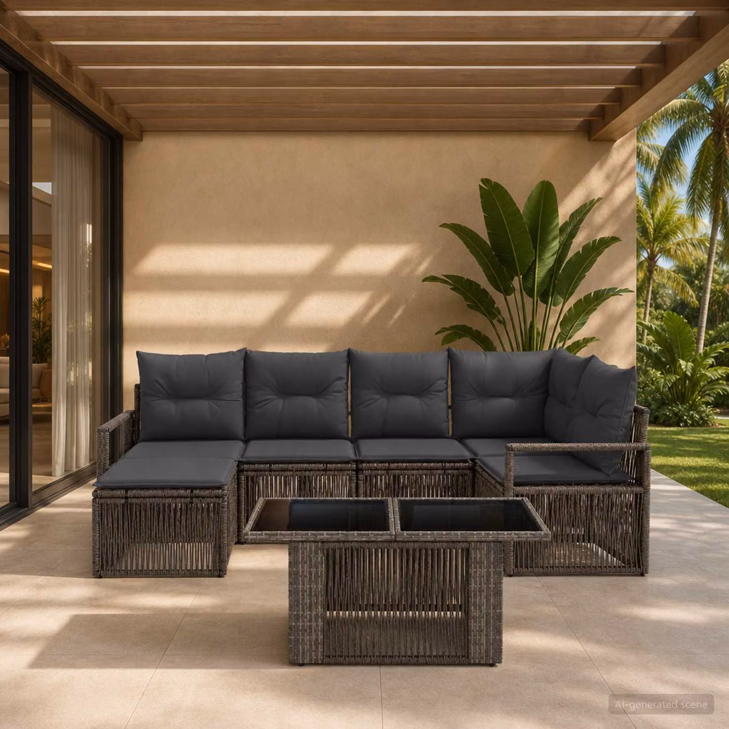 Set Divano da Giardino vidaXL 7 Pezzi in Polyrattan Grigio e Antracite con Tavolino, Elementi Angolari e Pouf