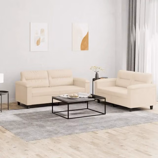 Set di 2 Divani vidaXL in Microfibra Beige con Cuscini e Struttura in Metallo e MDF per Soggiorno