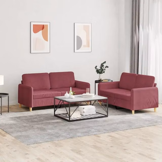 Set di Divani 2 pz con Cuscini Rosso Vino in Tessuto 3202092