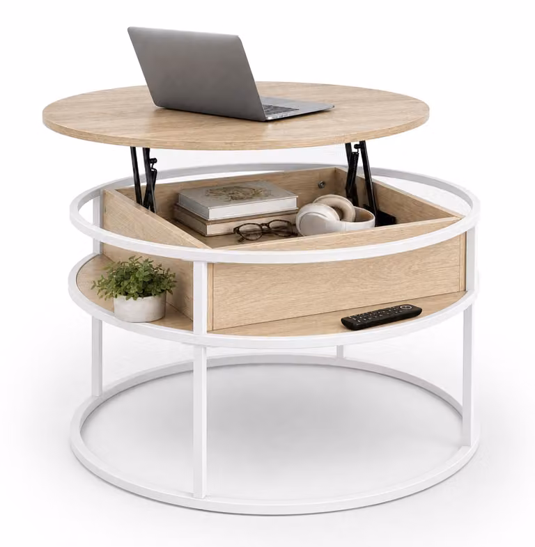 Tavolino Relaxdays con spazio contenitivo, dimensioni (altezza x diametro): 47 x 80 cm, piano sollevabile, realizzato in MDF e metallo, tavolino rotondo per divano, tavolino da salotto, color beige/bianco