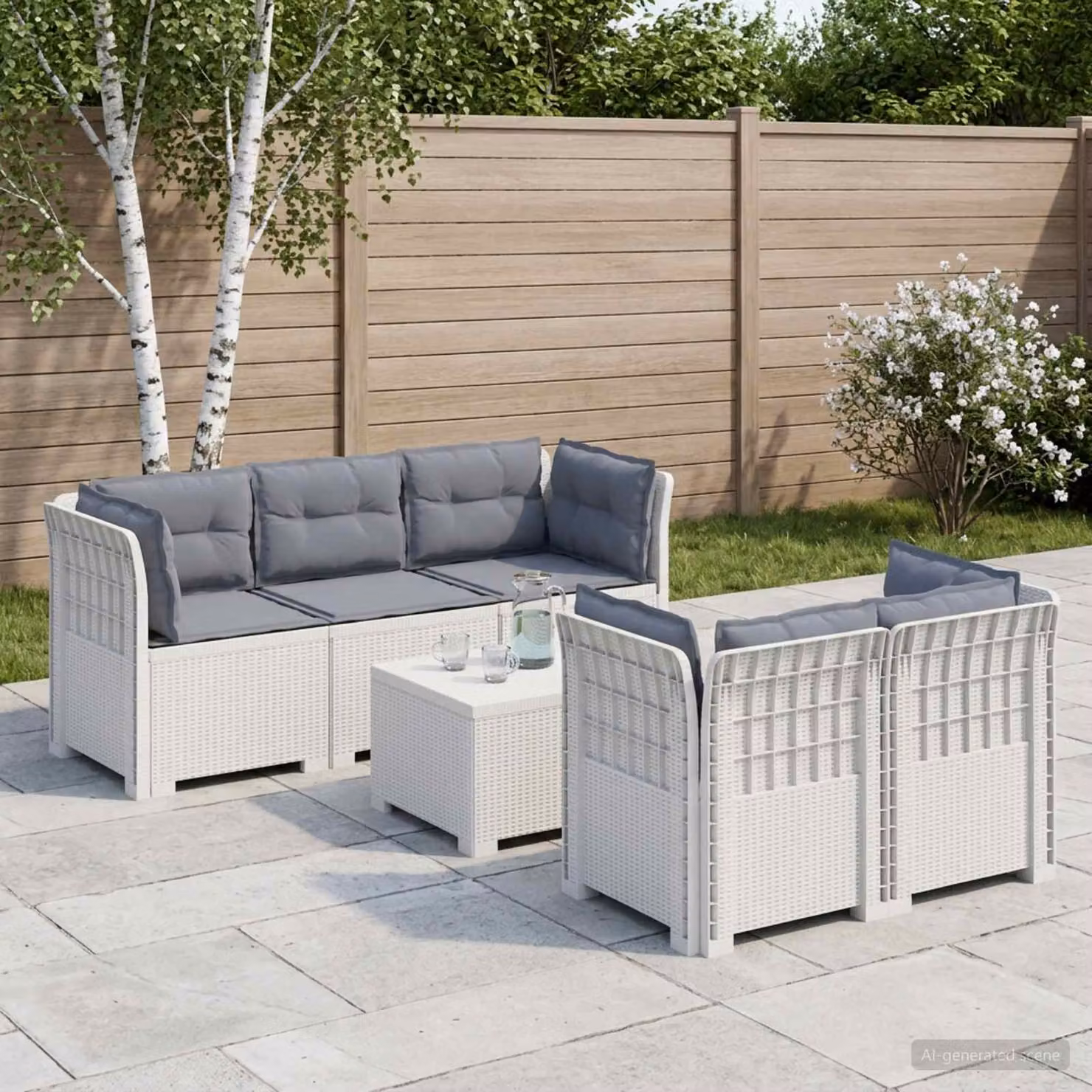 Set da giardino vidaXL moderno in stile rattan con divano angolare a L da 5 posti, tavolino e cuscini imbottiti, colore bianco e grigio