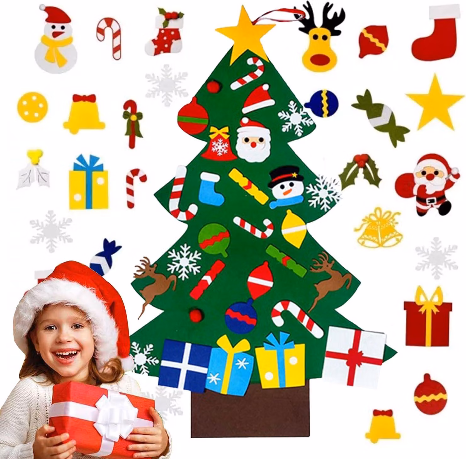 Albero di Natale in feltro fai da te con decorazioni rimovibili per Natale