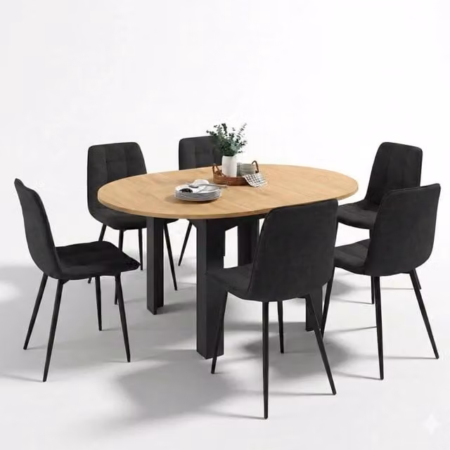 IDMarket - Tavolo da pranzo rotondo allungabile DONA nero con piano effetto faggio 110 - 150 cm e 6 sedie MILA in velluto nero