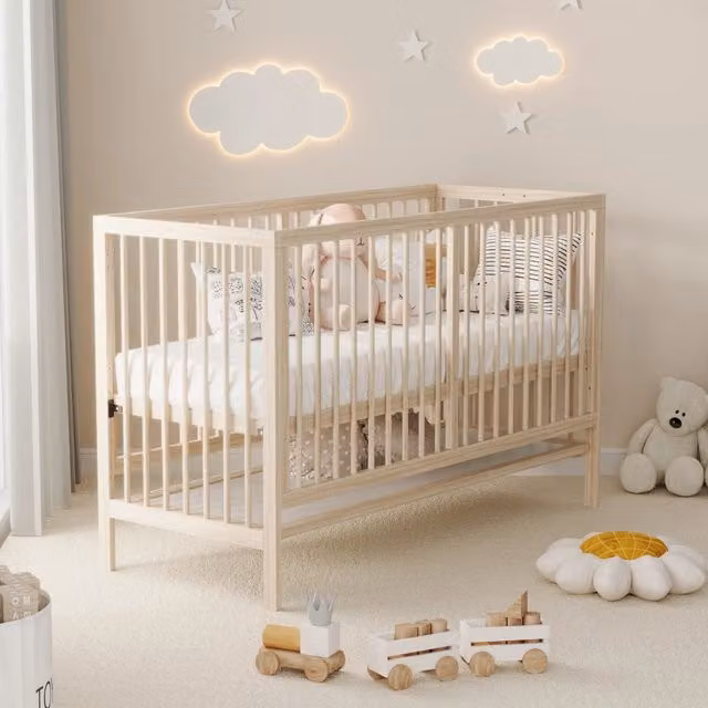 Culla co-sleeping trasformabile MIVRAY in legno di abete naturale marrone con altezza regolabile L/P/H: 140 x 70 x 71,12 cm