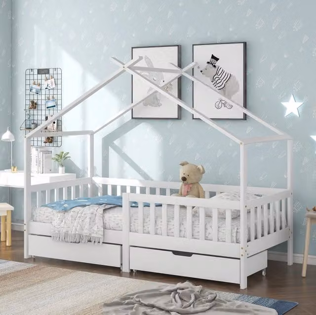 Letto a casetta per bambini con 2 cassetti; 205x98x165 cm; legno massello; bianco