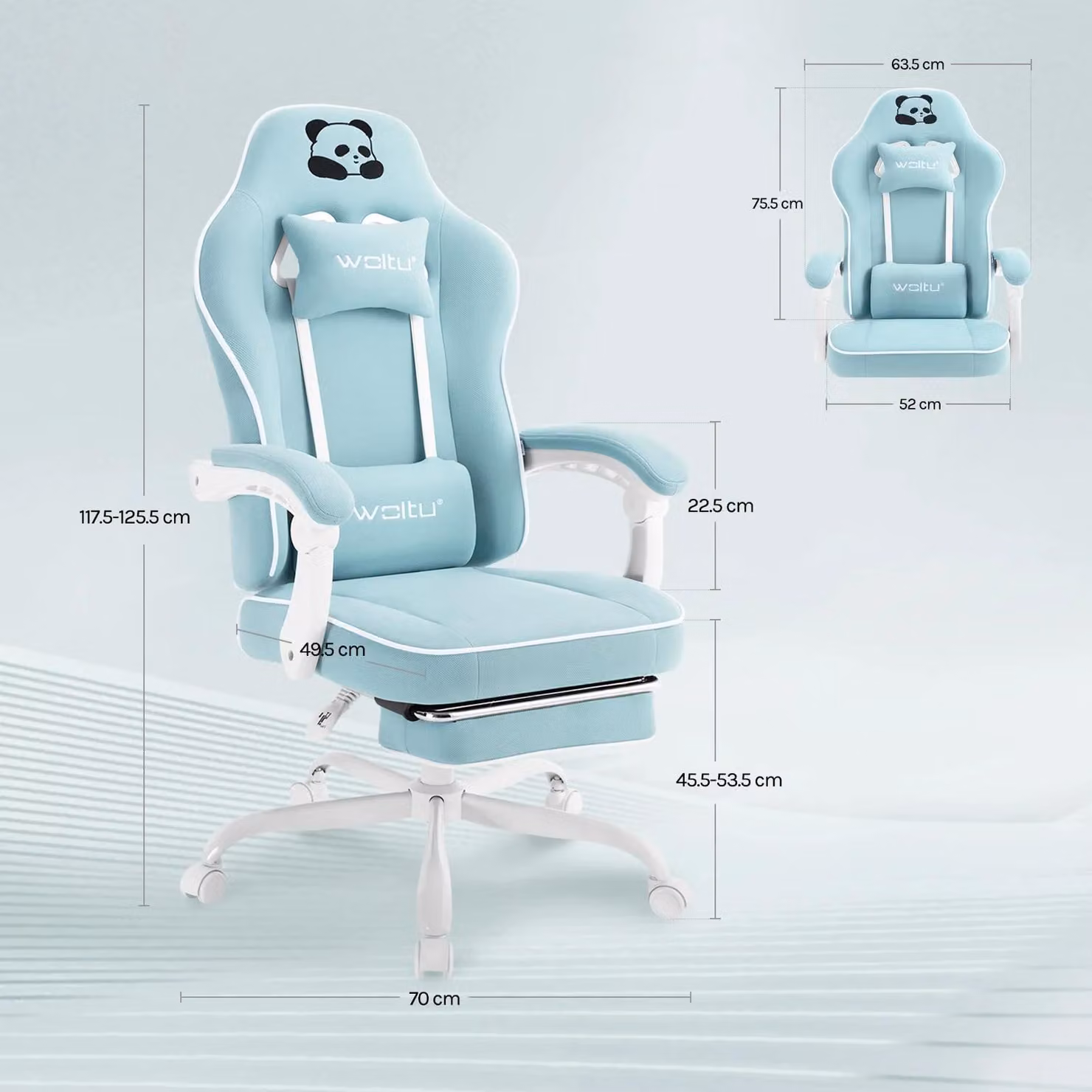 Sedia da gaming - Sedia da ufficio ergonomica - Realizzata in mesh - Braccioli 3D - Schienale regolabile - Regolabile in altezza - Rotella e base girevole - Azzurro chiaro