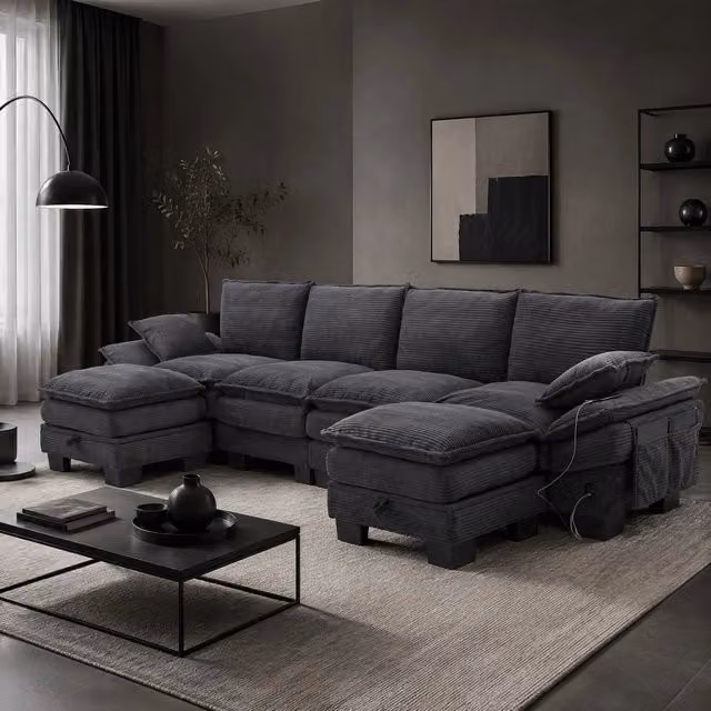 Divano componibile a L Mivray in velluto a coste grigio con 2 pouf e ricarica USB-C L/P/H: 330 x 132 x 84 cm