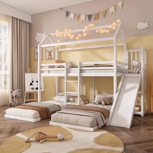 Letto a castello Mivray per bambini con scivolo, scala a tre gradini e struttura a casetta in legno e MDF, colore bianco, L/P/H: 200 x 90 x 120 cm