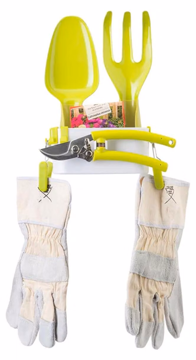 Set di attrezzi da giardino Zendea, verde, composto da pala, rastrello, forbici e altri utensili pratici