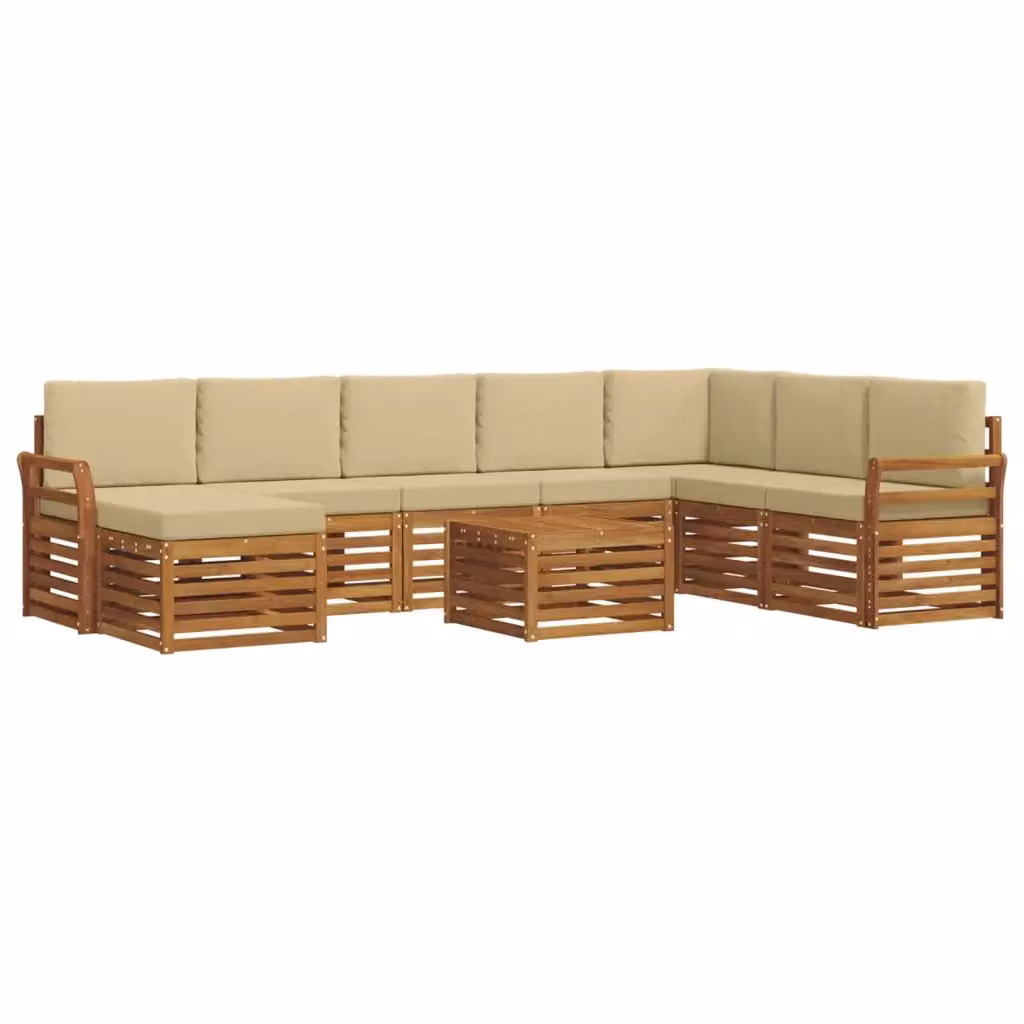 Set di divani da esterno a L vidaXL in legno di acacia con tavolino e pouf, Beige e Marrone – 2