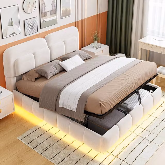Letto contenitore imbottito in velluto 140 x 200 cm, letto matrimoniale con contenitore idraulico, LED e rete a doghe, beige