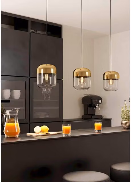 Lampadario a sospensione Glamour Maryvilla Eglo in metallo nero e vetro trasparente con finiture oro, 3 luci E27, H 110 cm, Ø 40 cm