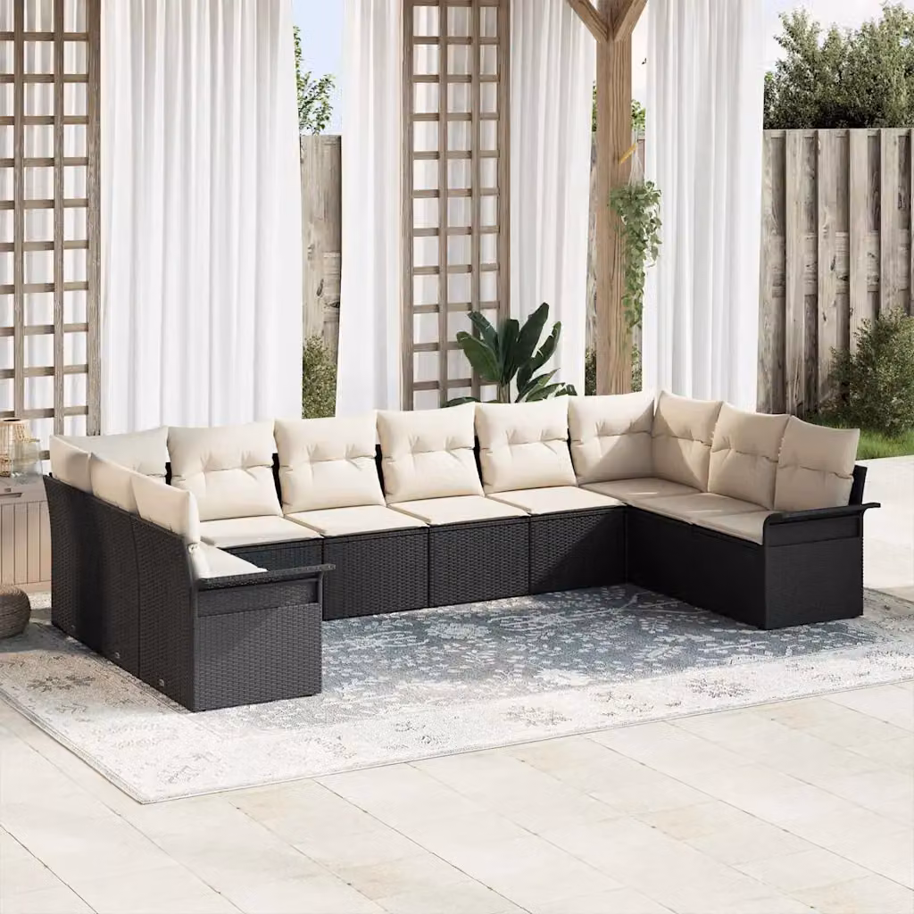 Set Divano da Giardino Moderno vidaXL in Polyrattan Nero con Cuscini e Tavolino da Esterno – 1