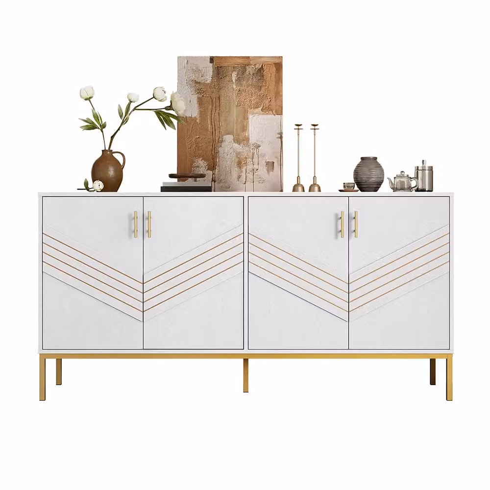 Buffet moderno Xylo con 4 porte in MDF bianco e oro, design geometrico opaco, L: 80.5 cm, P: 40 cm, H: 41 cm – 2