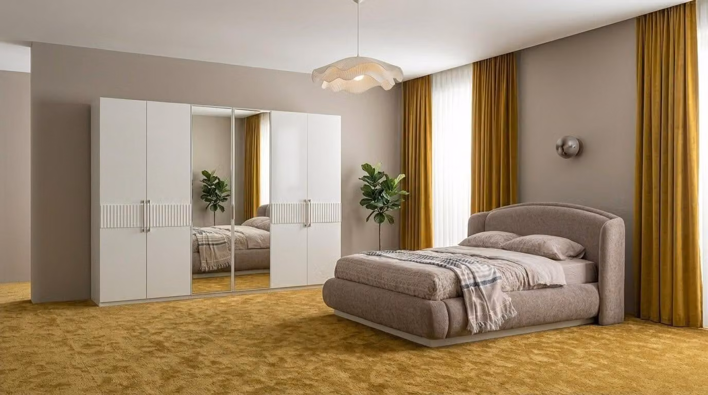 Set per camera da letto: letto, armadio, design moderno, colori chiari, spazioso, ergonomico