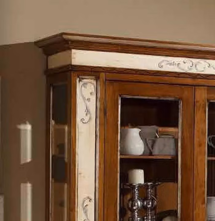 Vetrina a 2 porte in stile arte povera Mobili2g in legno dipinto decorazione floreale marrone multicolore L: 145 cm, P: 48 cm, H: 212 cm – 4