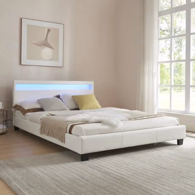 Letto Francese Imbottito Corium Bianco con Testiera Alta, Illuminazione LED e Cassetti L/P/H: 140 x 200 x 210 cm