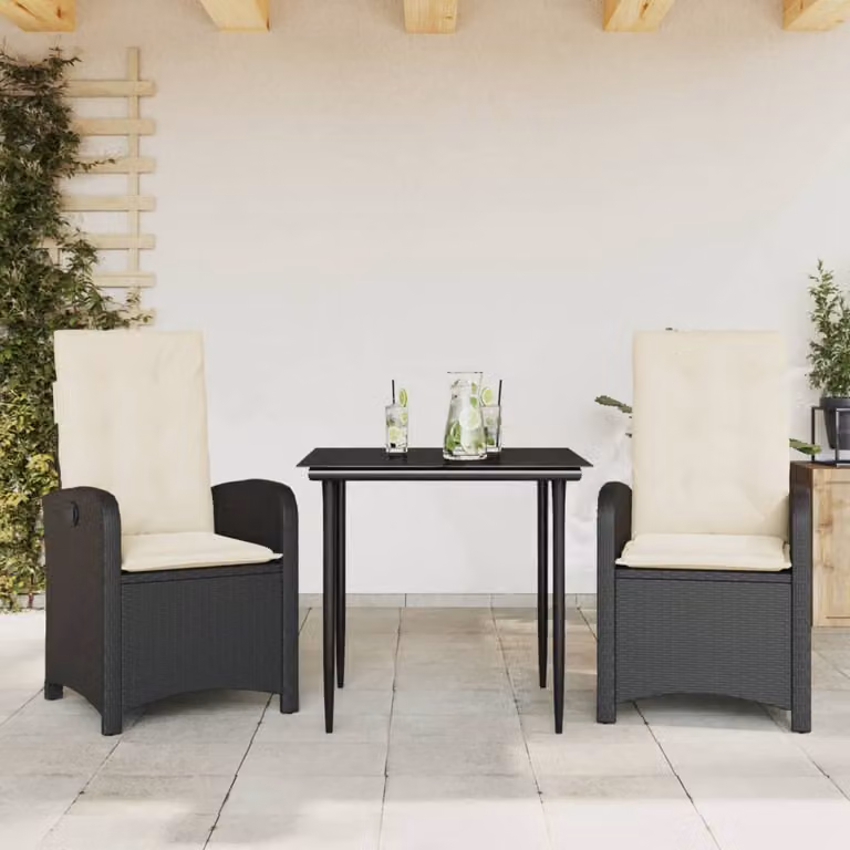 Set da Pranzo da Giardino 3 Pezzi vidaXL in Polyrattan Nero con Cuscini e Tavolo in Vetro
