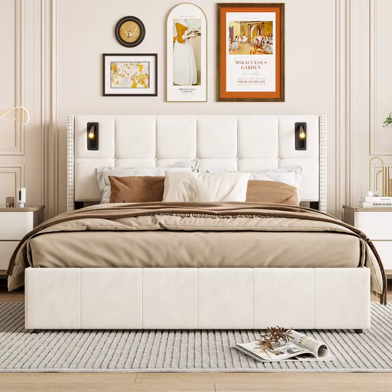 Letto imbottito Fortuna Lai 160x200 cm con contenitore, rete a doghe e luce di lettura, idraulico, letto in legno, beige