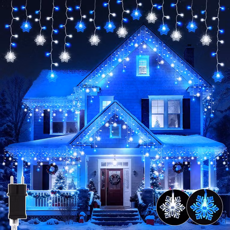 Catena luminosa da esterno, 10 metri, 240 LED a forma di fiocchi di neve, blu e bianco, con timer, 8 modalità, impermeabile