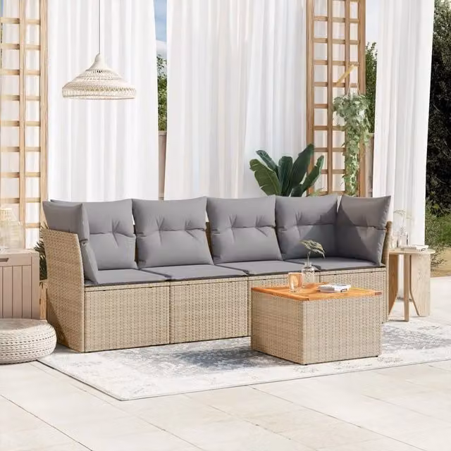 Set Divano da Giardino 5 pz con Cuscini-Sofa da Giardino-Divanetto da esterno Beige Misto Polyrattan 921001