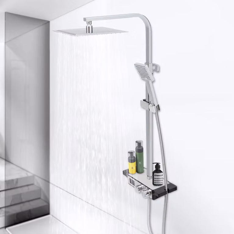 Set doccia con rubinetteria - Sistema doccia a parete - Display digitale - 3 tipi di getto - Ottone - Bianco