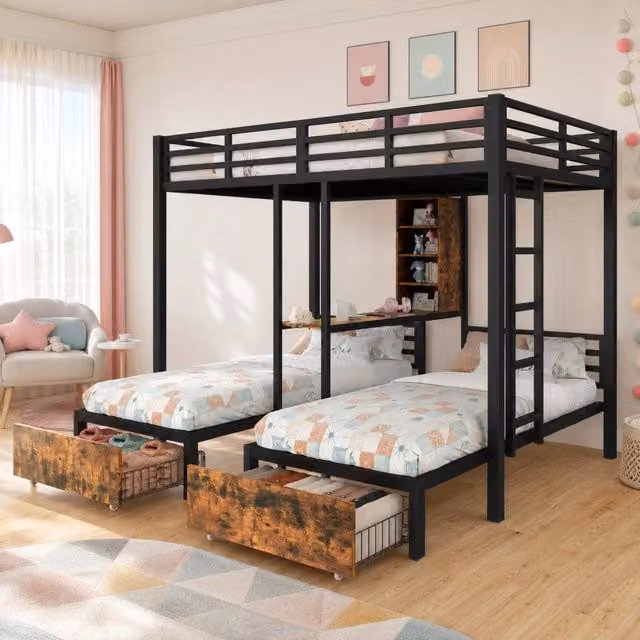 Letto a castello 140x200 cm e 90x200 cm con cassetti in metallo e MDF