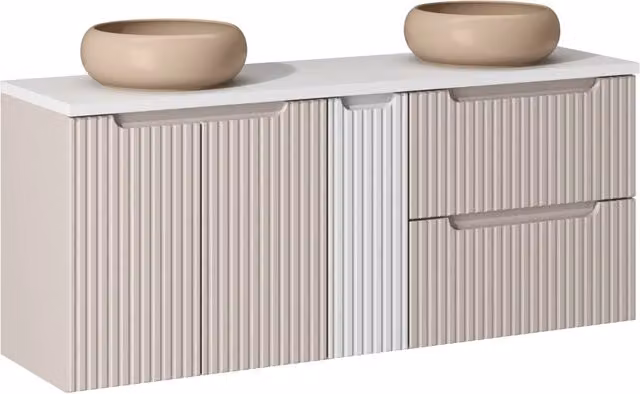 Set mobili bagno Wiki Nova Cashmere beige con piano e 2 lavabi da appoggio, larghezza: 140 cm, profondità: 40 cm