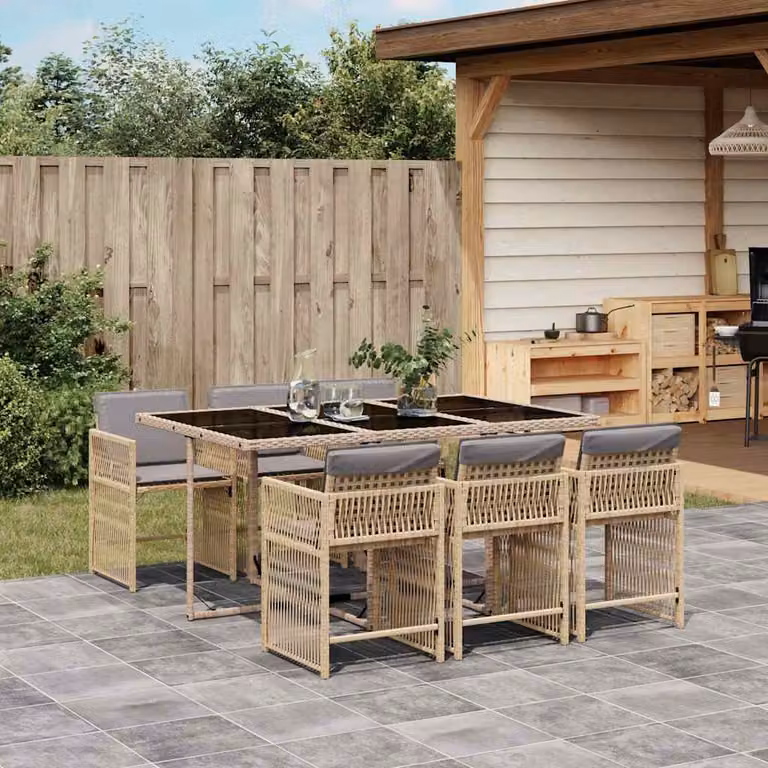Set Pranzo da Giardino vidaXL in Polyrattan con Cuscini Beige e Grigio, 7 Pezzi con Tavolo in Vetro