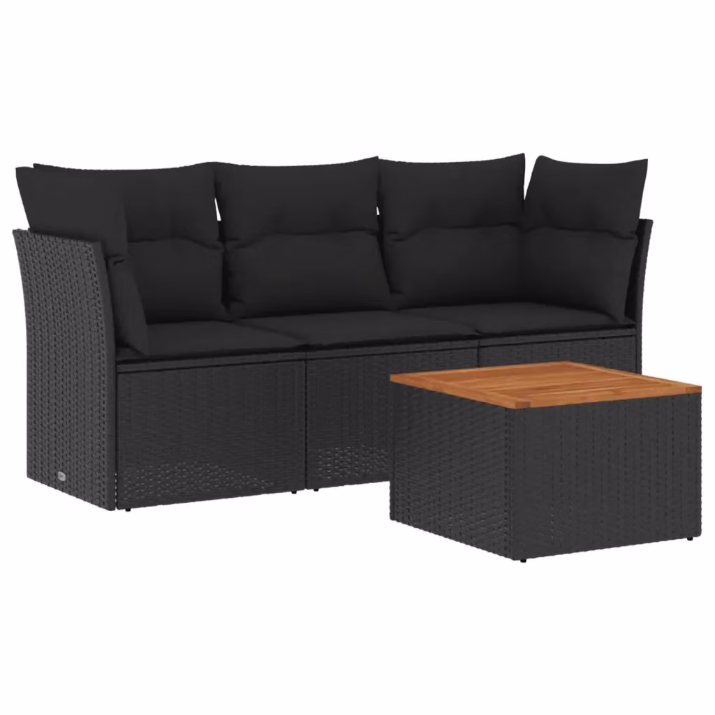 Set di divani da giardino vidaXL a forma di L composto da 4 pezzi con tavolino da caffè, in polyrattan nero con cuscini inclusi e rivestimenti rimovibili resistenti ai raggi UV – 2