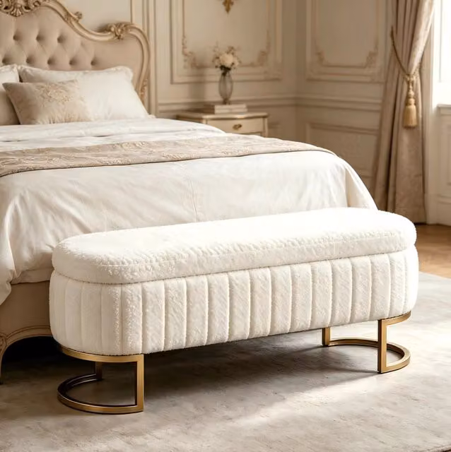 Panca contenitore 131x44x31 cm crema in velluto con piedi dorati
