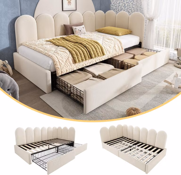 Letto imbottito singolo 90 x 190 cm beige con 2 cassetti Divano letto in velluto senza materasso