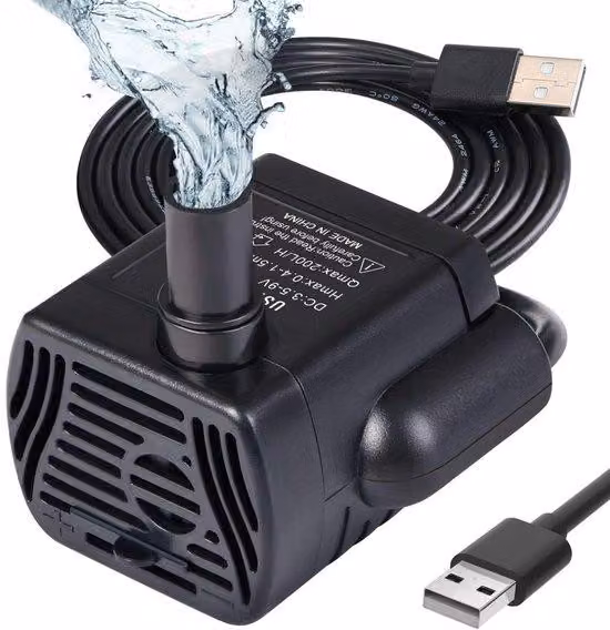 Piccola pompa per acquario - Mini pompa ad acqua USB - Pompa sommersa da 200 l/h - Per giochi acquatici - 3,5-9 V, 1-3 W, cavo da 1,4 m - 2 ugelli