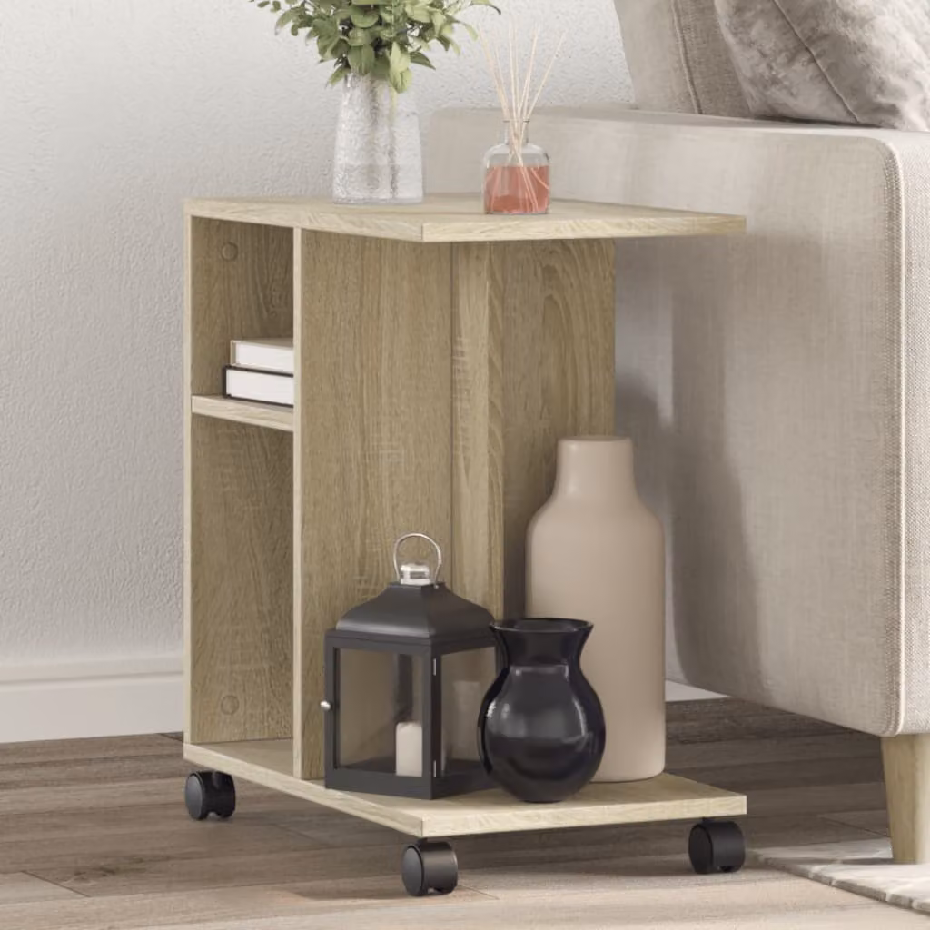 Tavolino con ruote vidaXL in legno Rovere Sonoma, L/P/H: 50 x 30 x 55 cm