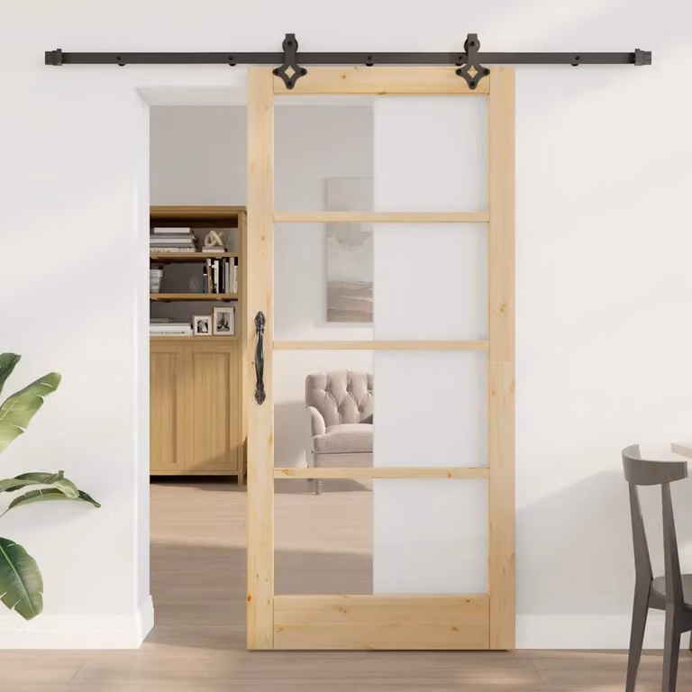 Porta scorrevole vidaXL in legno di pino naturale con vetro e metallo, colore beige/marrone, L: 93 cm x H: 202 cm