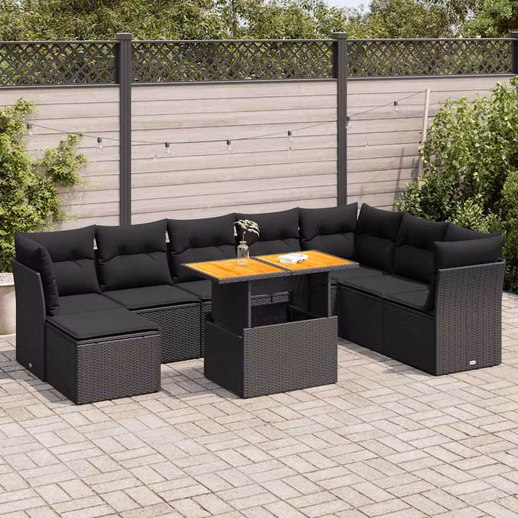 Set di divani da giardino vidaXL in rattan e legno di acacia oliato nero con cuscini per esterno