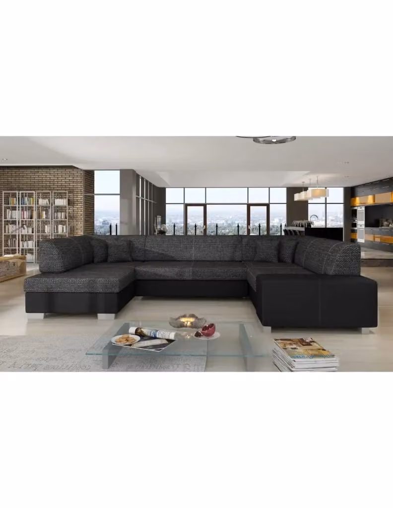 Divano panoramico a U HAVANA MEUBLORAMA convertibile per 6 persone, design geometrico moderno, Grigio e Nero, L: 322 cm x P: 204 cm x H: 176 cm – 2